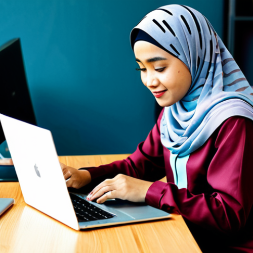 **

A young Malay woman, a graphic designer, working on her laptop in a bright, modern co-working space in Kuala Lumpur. She is wearing a modest, stylish baju kurung and a hijab. The desk is cluttered with design magazines, a Wacom tablet, and a half-finished teh tarik.  Fully clothed, appropriate attire, safe for work, perfect anatomy, natural proportions, professional, high quality.

**